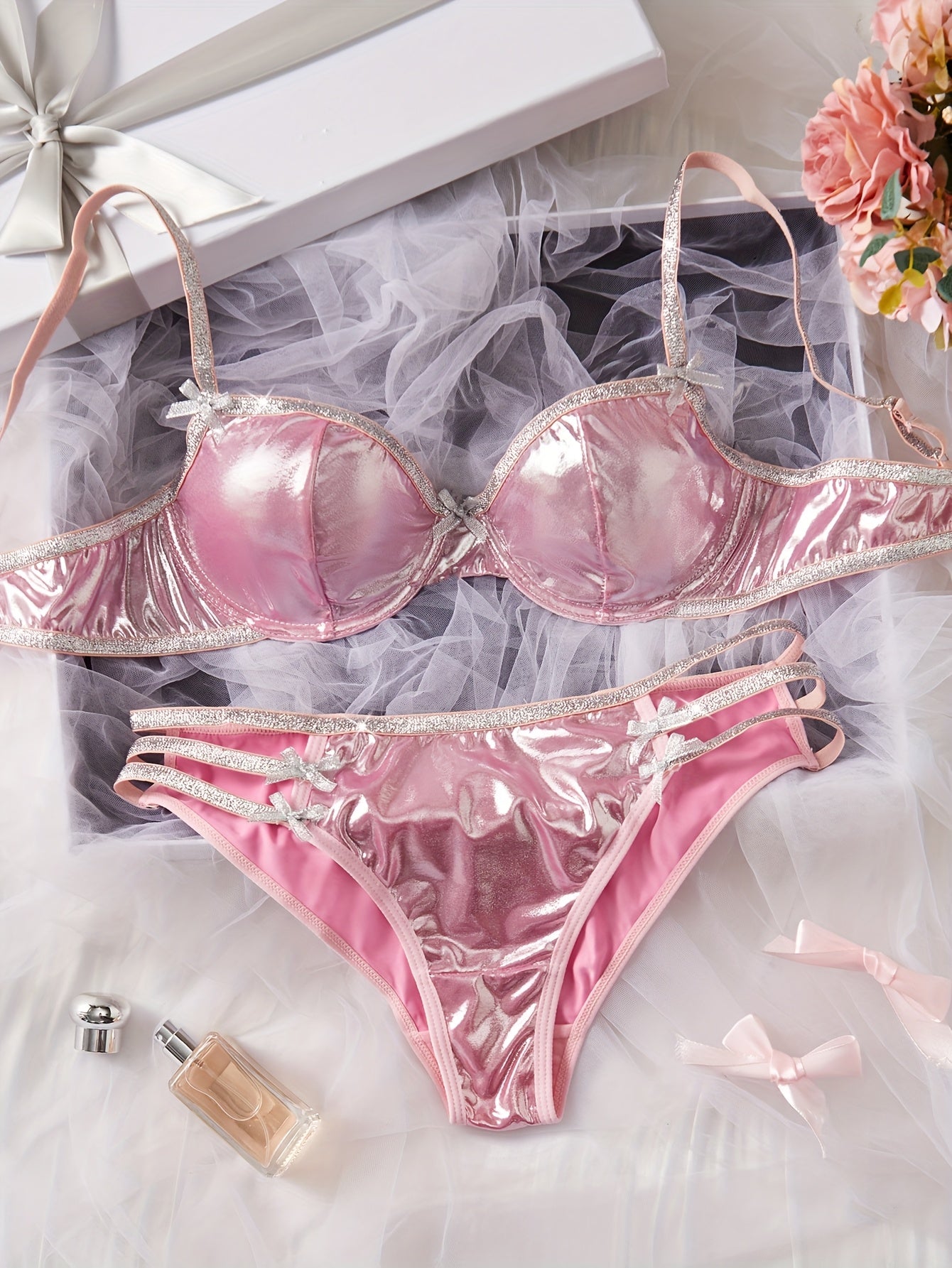 [Glamorous, Lingerie Set] Glamorous and Elegant Pink Sequin Lingerie Set | Sexy Bra and Panties with Rhinestone Detail for Women - Perfect for Adult