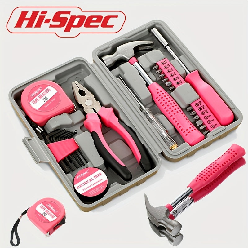 Hi-Spec Pink Home Repair Tool Kit - Portable Hand Tool Set with Hammer, Vise, Wrenches, Screwdrivers & More - Ideal for DIY Projects & Emergency Car Maintenance - DIY Tool Kit | Stylish Pink Tools | Organized Tool Storage