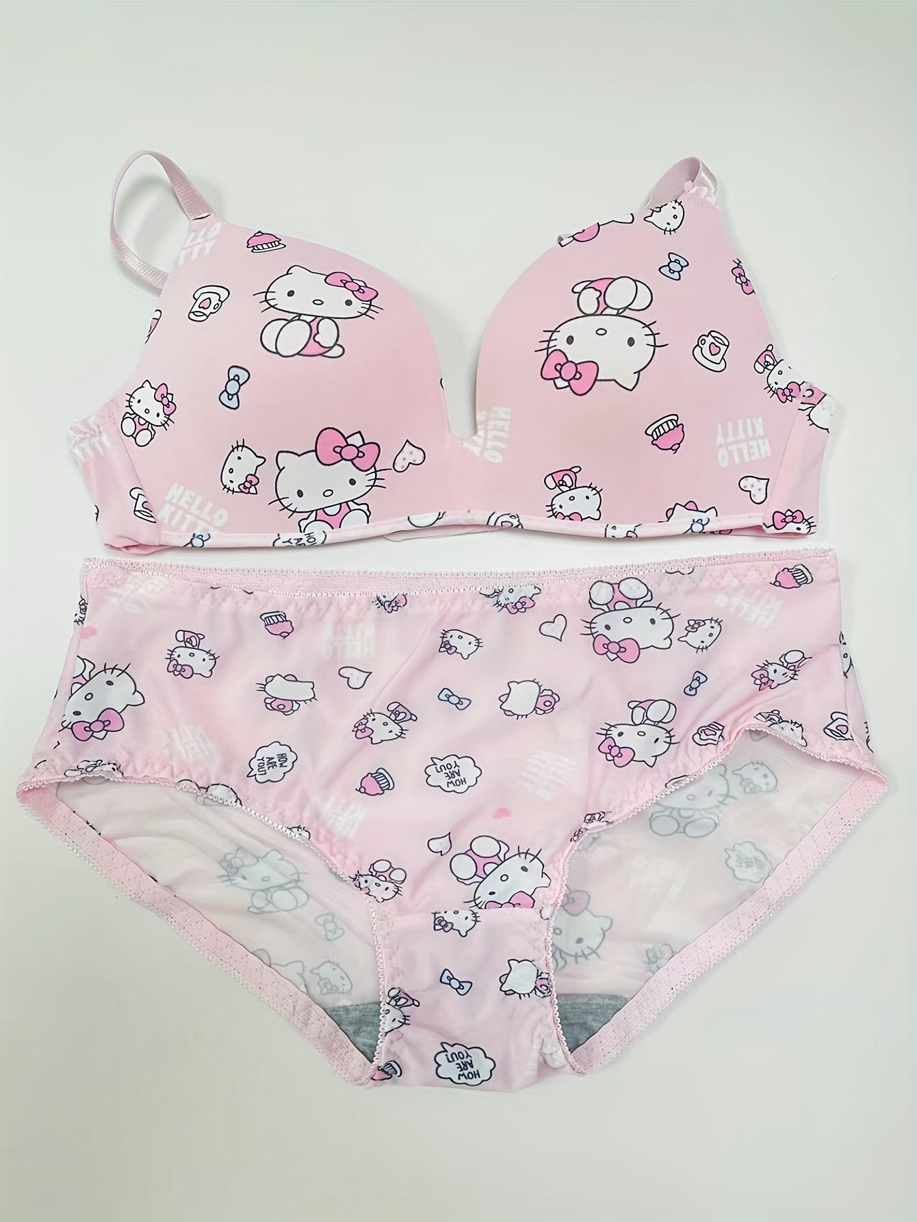 For Hello Kitty Lingerie Set for Women - Cute Pink Backless Bra and Panties with Floral Pattern, Light Support, Placket Design, Non-Removable Padding, Perfect for Casual Attire