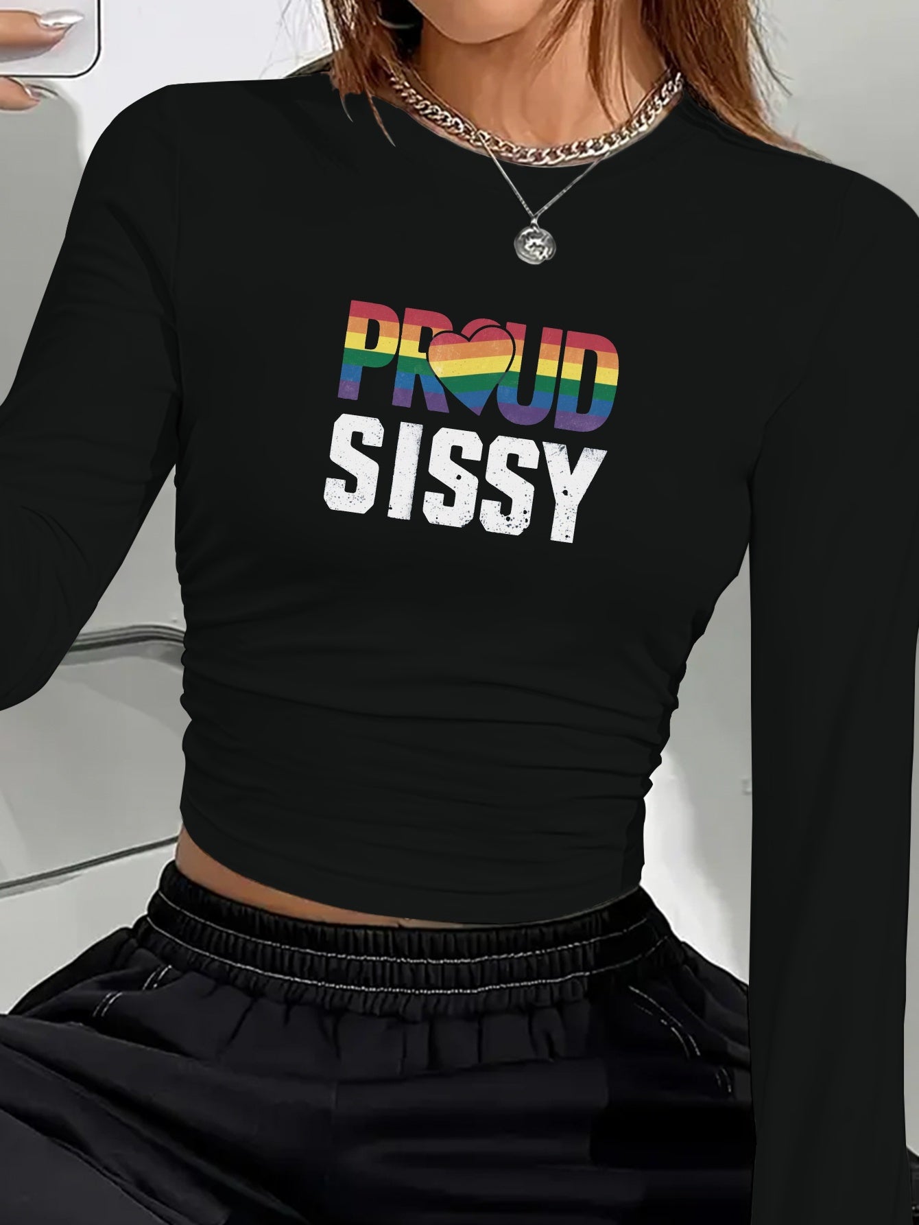 [Y2K Pride Rainbow Shirt] Y2K Pride Rainbow PROUD & SISSY Graphic Women's Long Sleeve Shirt - Black Geometric Pattern, Medium Stretch, Machine Washable, All-Season Casual LGBTQ+ Fashion Top, Comfortable Clothing, Round Neckline, Stretch Fabric