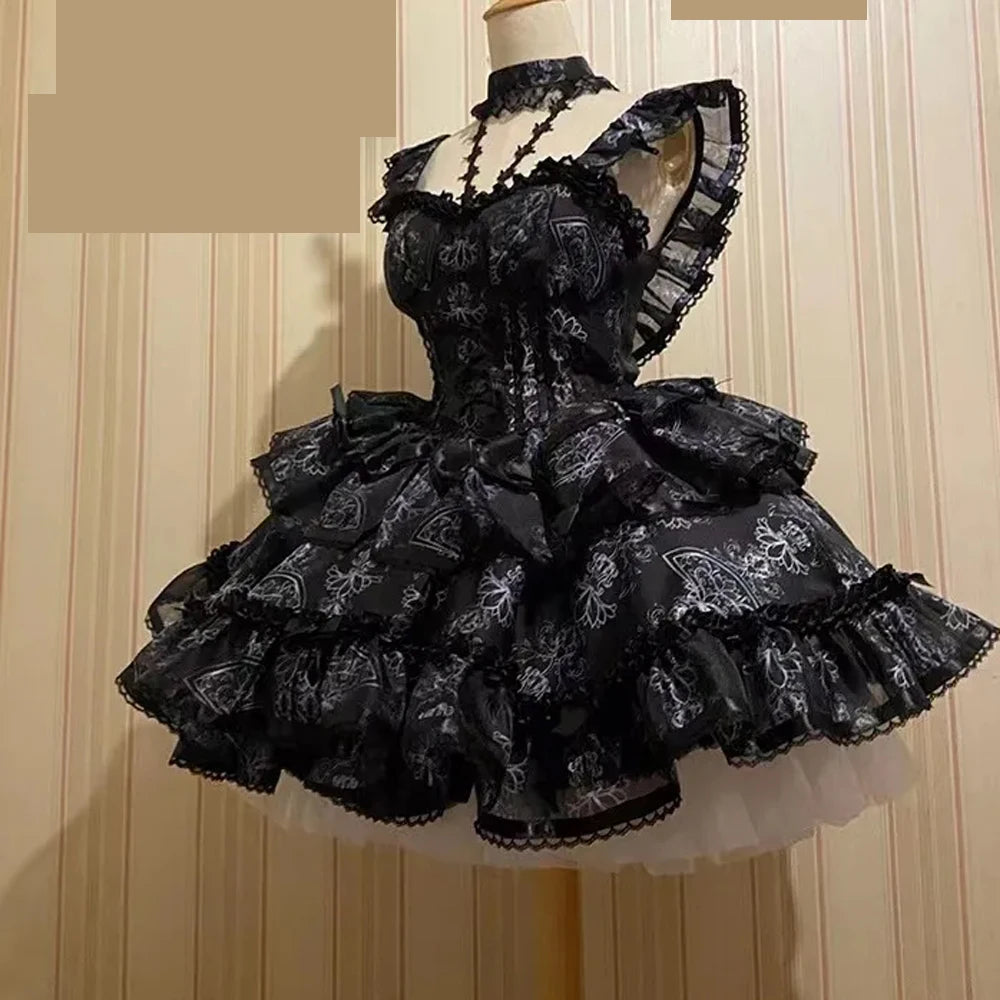 New Lace Ruffle Bowknot Organza Light Pink Puffy Bubble Sleeves Lovely Lolita Princess Dress Cross dresser Sissy Maid Role Play