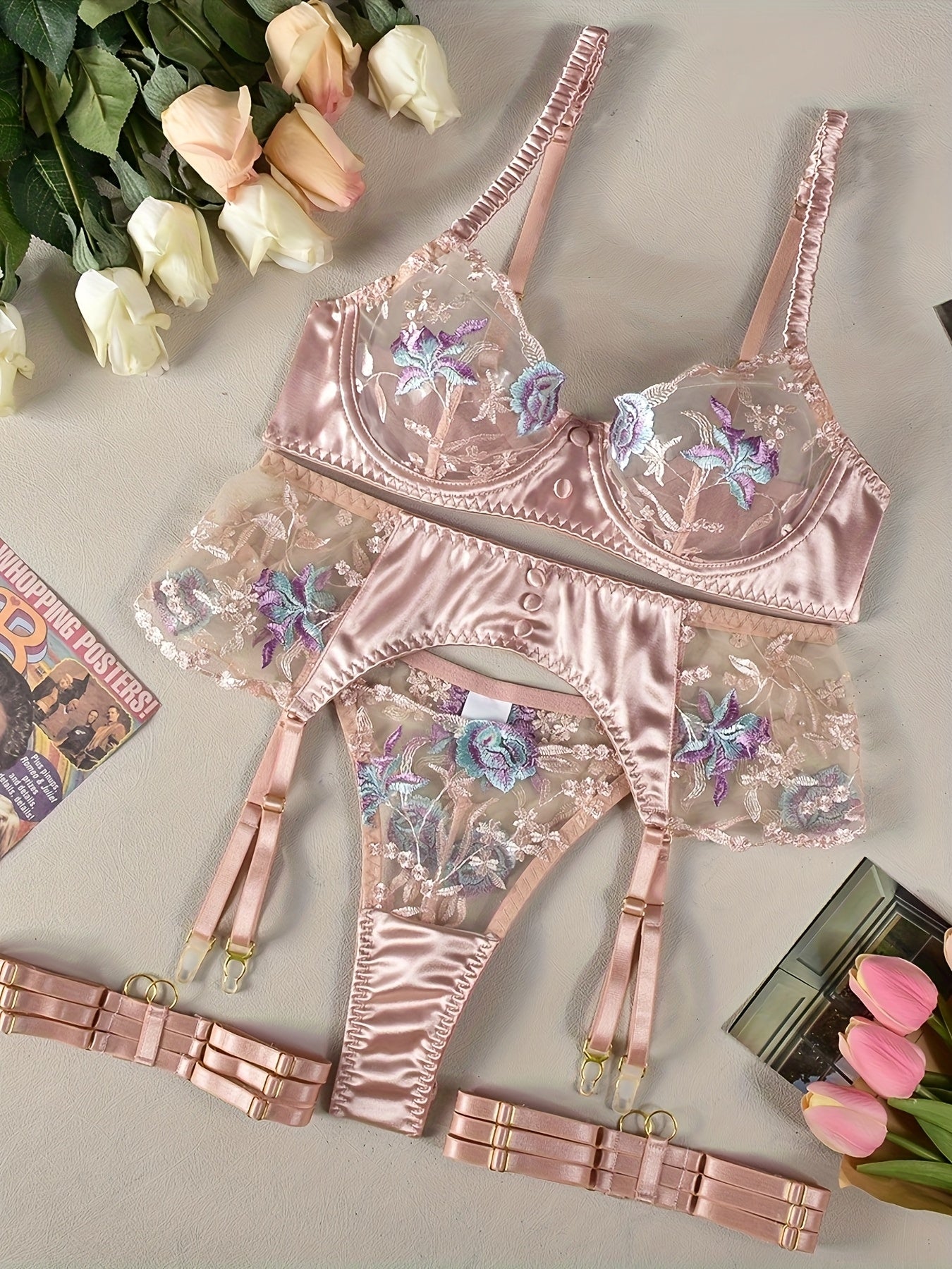 [Elegant Lingerie Set] 4pcs Women's Elegant Floral Lace & Semi-Sheer Rose Golden Accent Lingerie Set - Adjustable Strapless Bra, High-Waisted Panties, Garter Belt & Thong - Soft Stretch Comfort, Hand Washable Luxury Underwear Collection