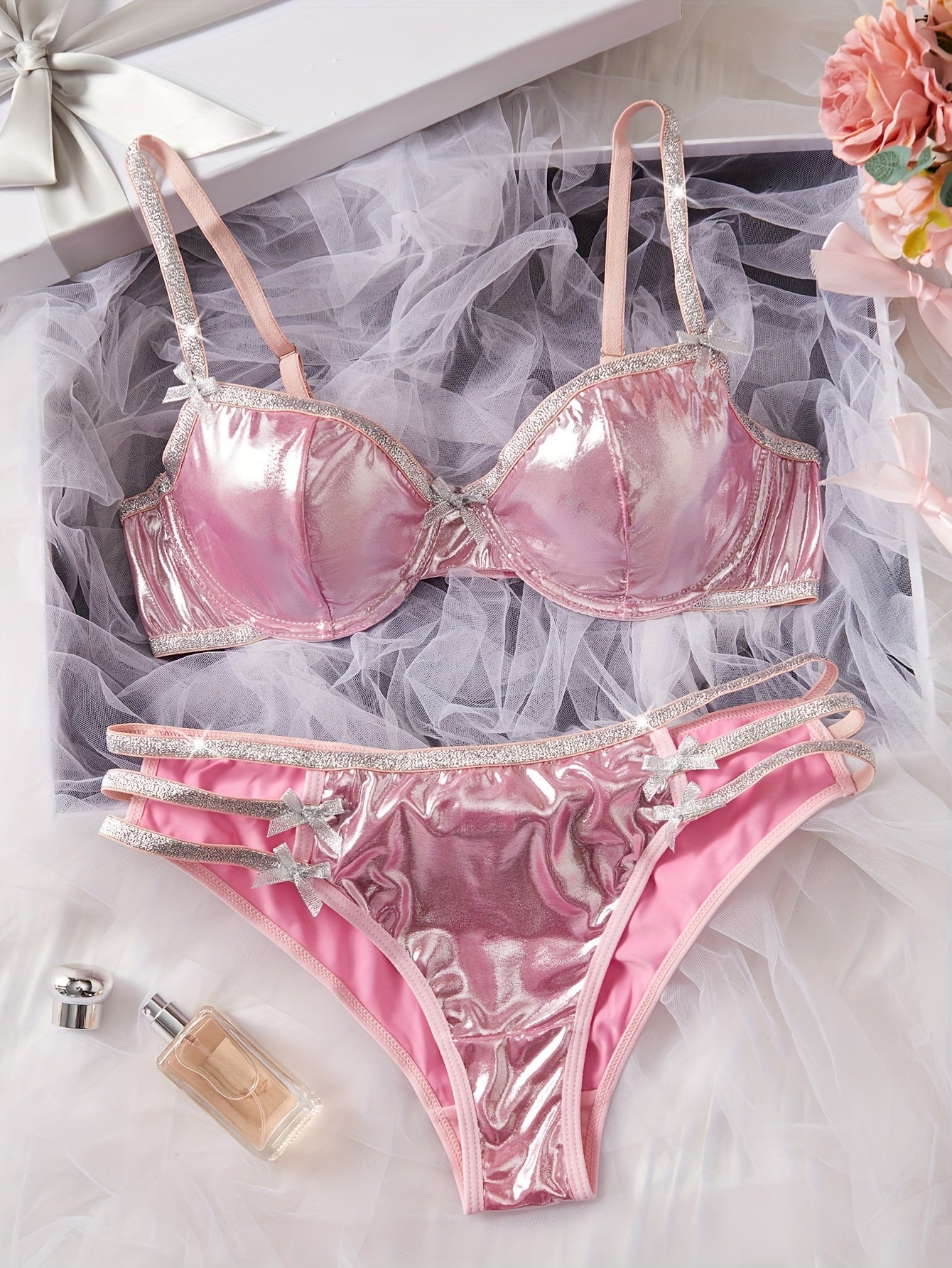 [Glamorous, Lingerie Set] Glamorous and Elegant Pink Sequin Lingerie Set | Sexy Bra and Panties with Rhinestone Detail for Women - Perfect for Adult