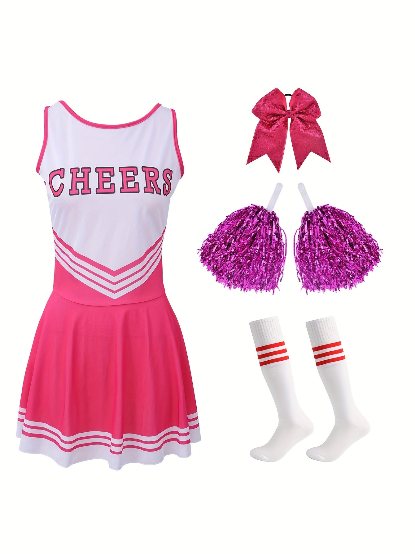 [Cheerleading Dress Set] 6pcs Women's Pink Cheerleading Dress Set with Bow Scrunchie, Cheer Pompoms and Socks | Ideal for Musical Party, Halloween Party, Sports and Outdoor Performances