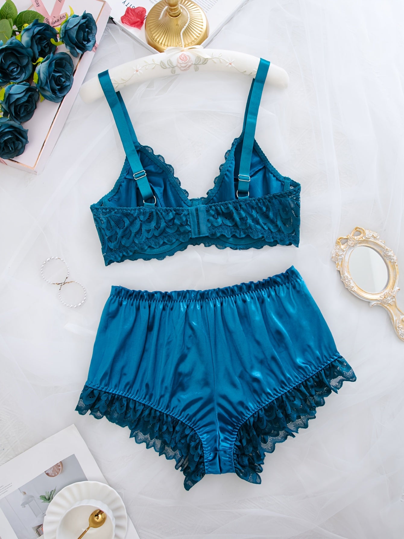 Plus Size Contrast Lace Bra and Panty Set - Blue Green Floral Pattern, Backless Design, Medium Stretch Fabric, Adult Steel Ring Lingerie, Adult Underwear Set | Floral Contrast Lace Design | Elastic Fabric