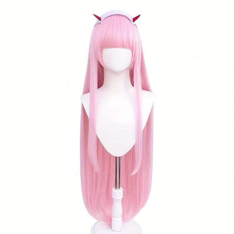 Anime-Inspired Pink Long Straight Wig with Bangs - Easy Style, Natural & Elegant for Parties, Cosplay, and Casual Attire - Unisex Adult Costume Accessory, Anime Wig, Cosplay Wig, Party Accessory, Fashionable Wig, Secure Fit Cap