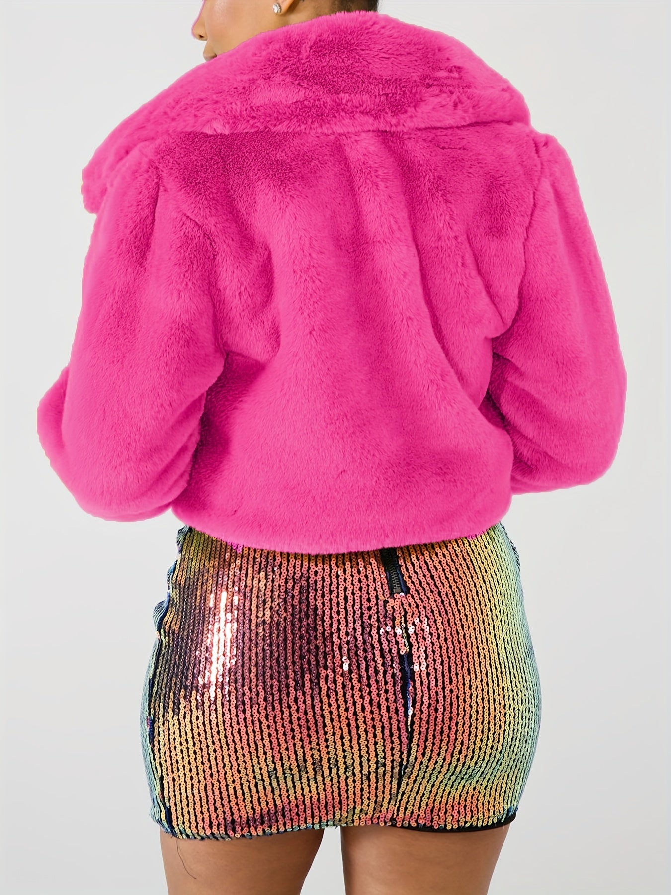 Plush Faux Jacket, Winter Short Hooded Collar Coat, Soft Machine Washable Warm Outerwear, Compatible for Casual to Dressy Outfits, No Storage, for Fall & Winter