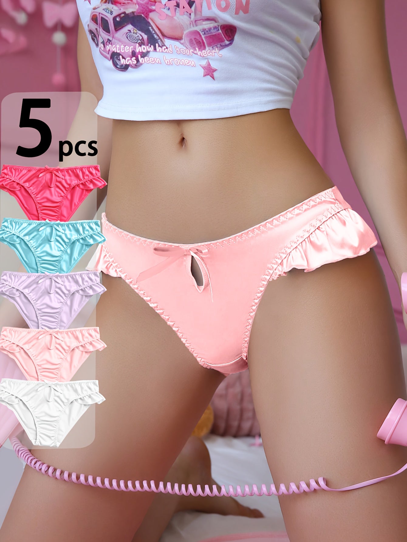 5pcs Women's Glossy Lingerie, Cute Lace Trim & Bow underwear, Luxurious Comfort, Women Sexy Panties for Daily Wear, Comfortable Panties, Luxurious Underwear, Feminine Lingerie, Elegant Bow Design, Highquality Lace, Soft Fabric, Bow Detail