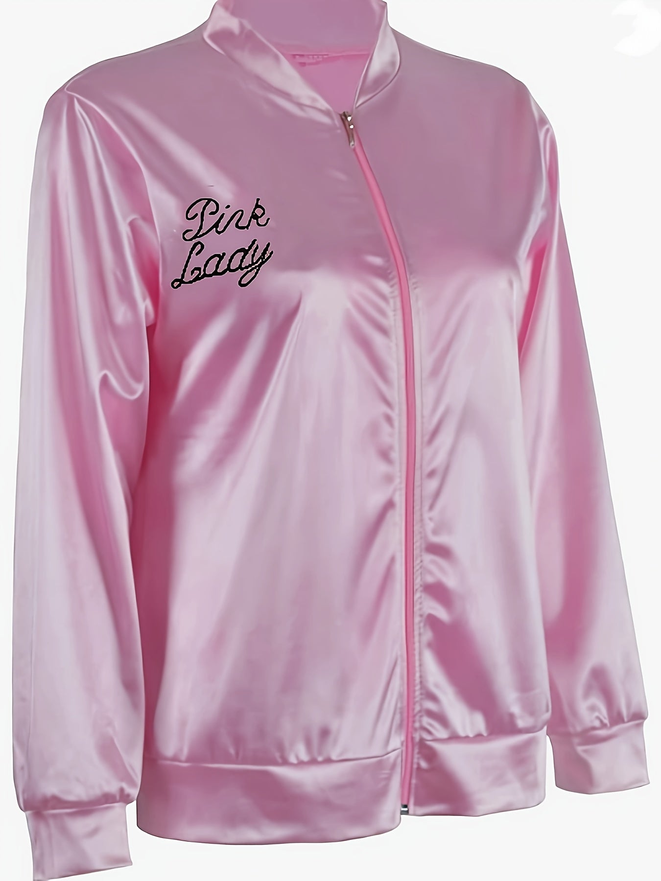 1pc Women's Casual Bomber Jacket - Satin, Spandex/Polyester, Baseball Collar, Semi-Transparent, Letter Pattern, Zip Detail, Mid-Stretch, Machine Washable, for Spring/Autumn Fashion