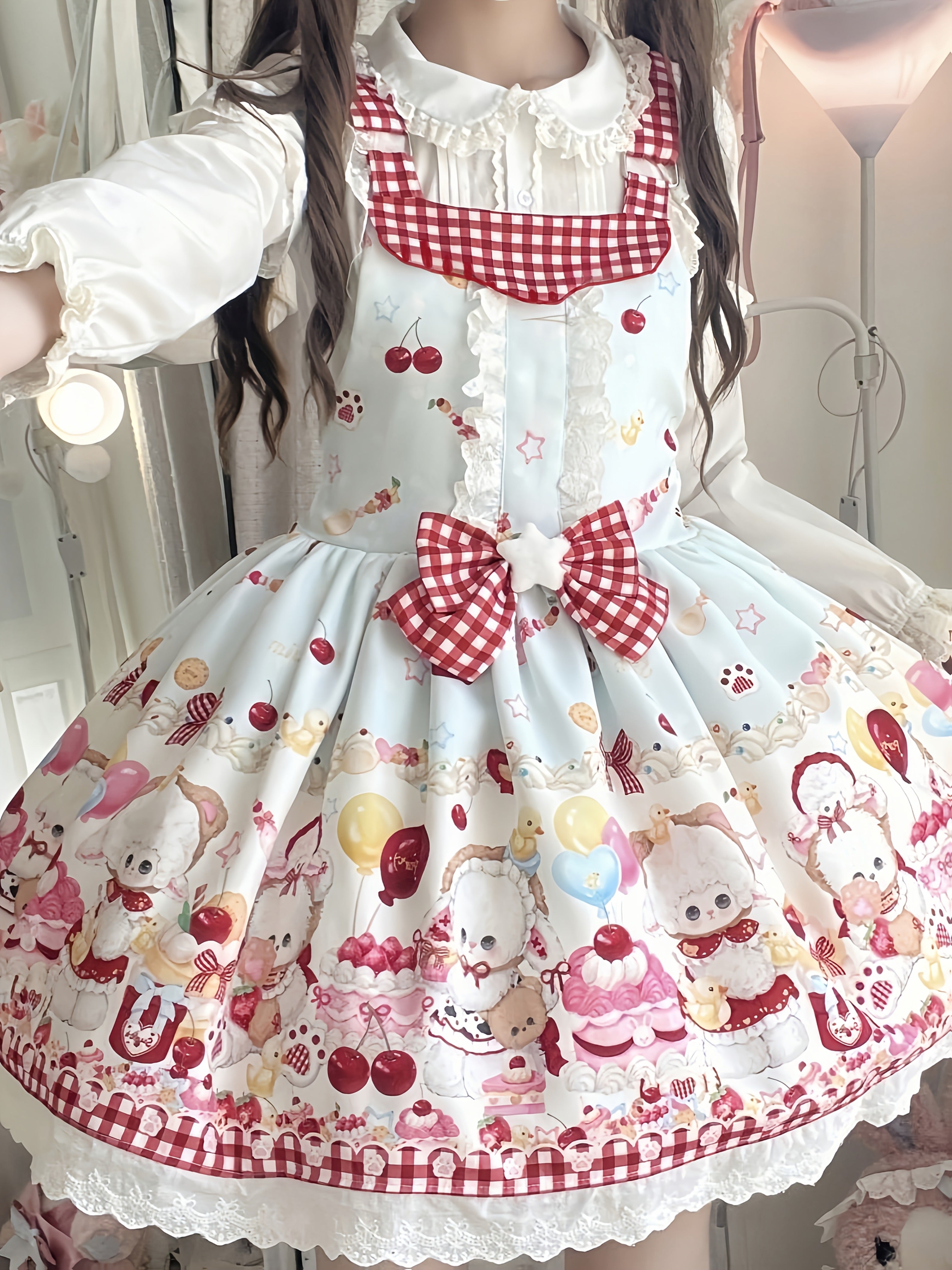 1pc Lolita Style Cute Cute Overalls Dress | Square Neck, Animal Pattern, Bow Detail, Suitable for Festival Parties and Valentine'S Day Gifts