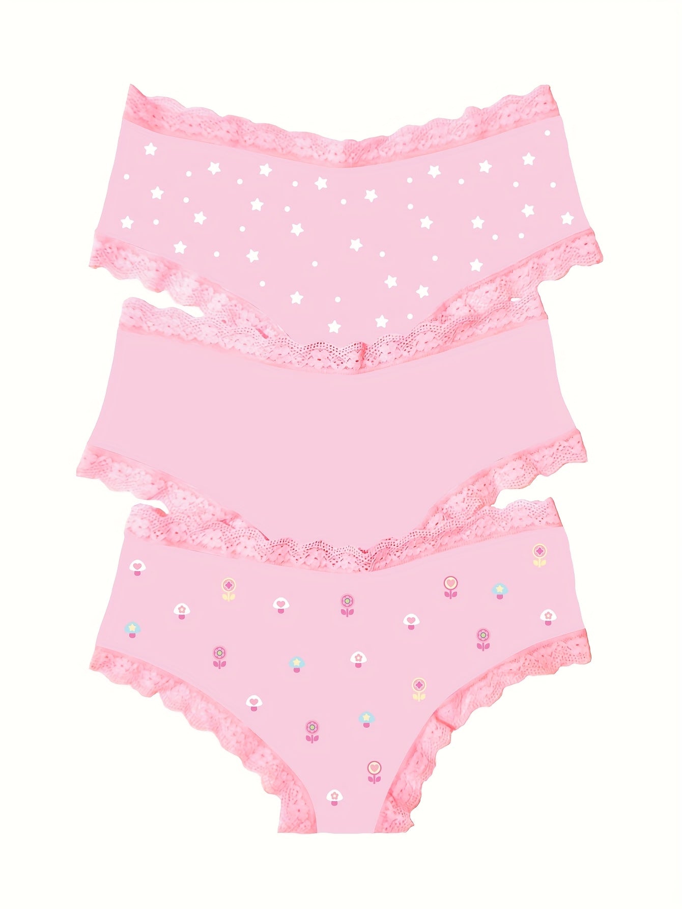 Sanrio Hello Kitty Women's Triangle Panties Set - 3pcs Comfortable Underwear with Cute Cartoon Print Featuring Rainbow Wings, Stars, Flowers, and Pink Lace Design