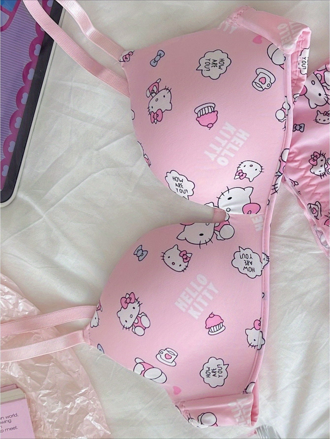 For Hello Kitty Lingerie Set for Women - Cute Pink Backless Bra and Panties with Floral Pattern, Light Support, Placket Design, Non-Removable Padding, Perfect for Casual Attire