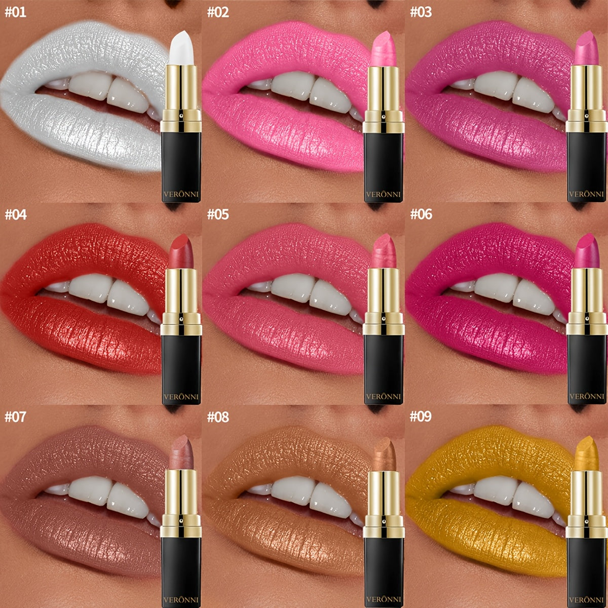 1PC VERONNI Lipstick- Hydrating, Sparkling Shine with Shimmer & Metallic Finish, Waterproof & Long-Lasting, Highly Pigmented in Diverse Shades (Pink/Red/Golden/Black) - Plant Squalane Infused for All Light Beige Types