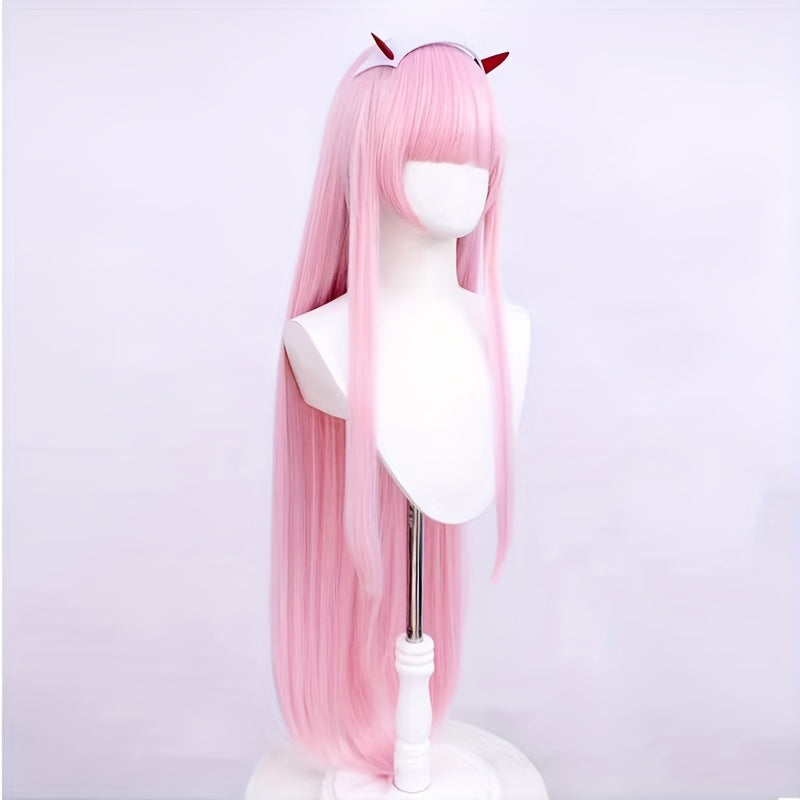 Anime-Inspired Pink Long Straight Wig with Bangs - Easy Style, Natural & Elegant for Parties, Cosplay, and Casual Attire - Unisex Adult Costume Accessory, Anime Wig, Cosplay Wig, Party Accessory, Fashionable Wig, Secure Fit Cap