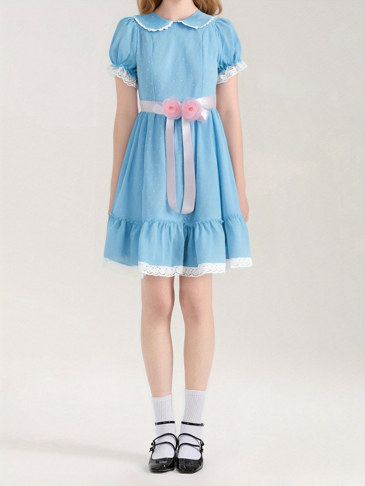 Women's Elegant A-Line Dress with Doll Collar & Puff Sleeves - Short Smock Mini Length (No Padding), Layered Pleated Waist  - Lace Stitching Party Wedding Guest Dress - Hand Washable Costume for all-Season wear for females