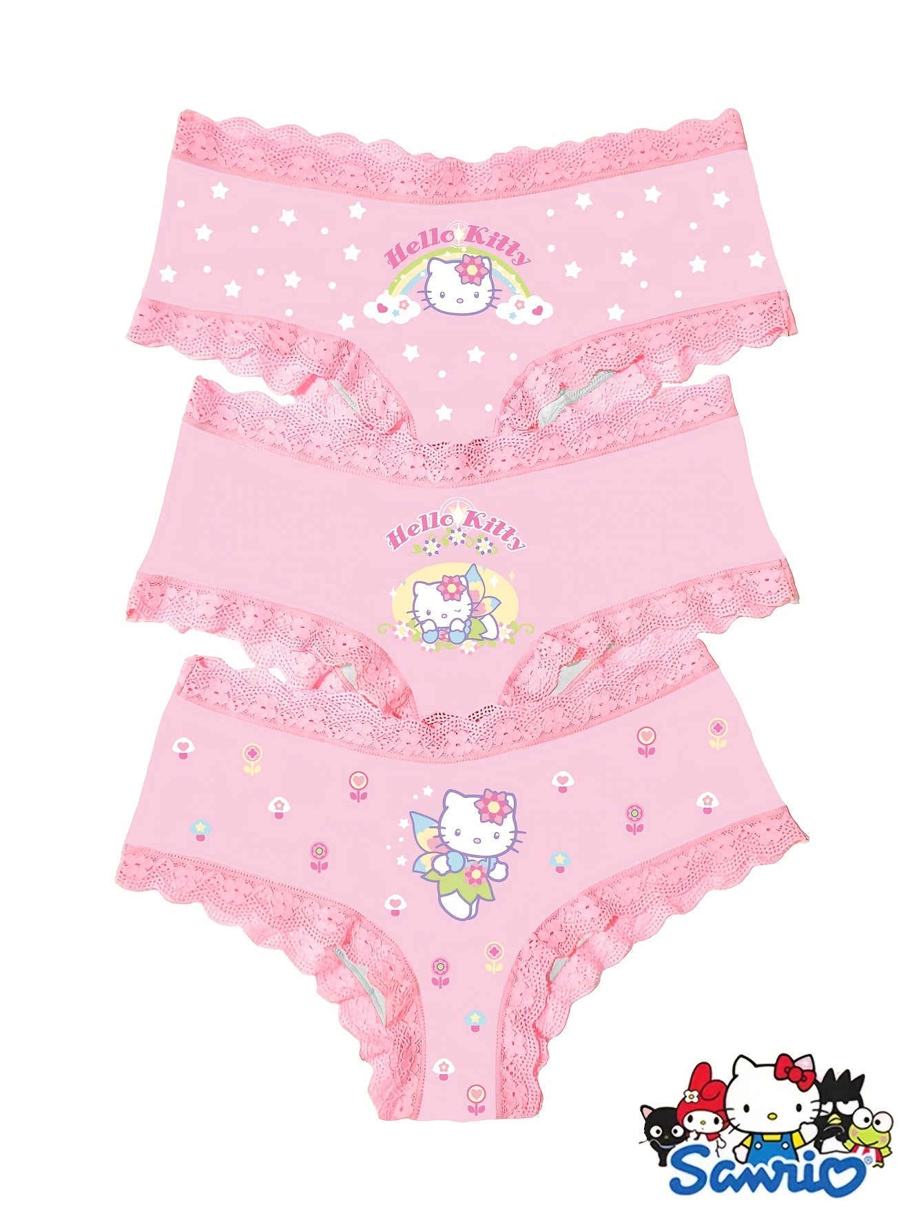 Sanrio Hello Kitty Women's Triangle Panties Set - 3pcs Comfortable Underwear with Cute Cartoon Print Featuring Rainbow Wings, Stars, Flowers, and Pink Lace Design
