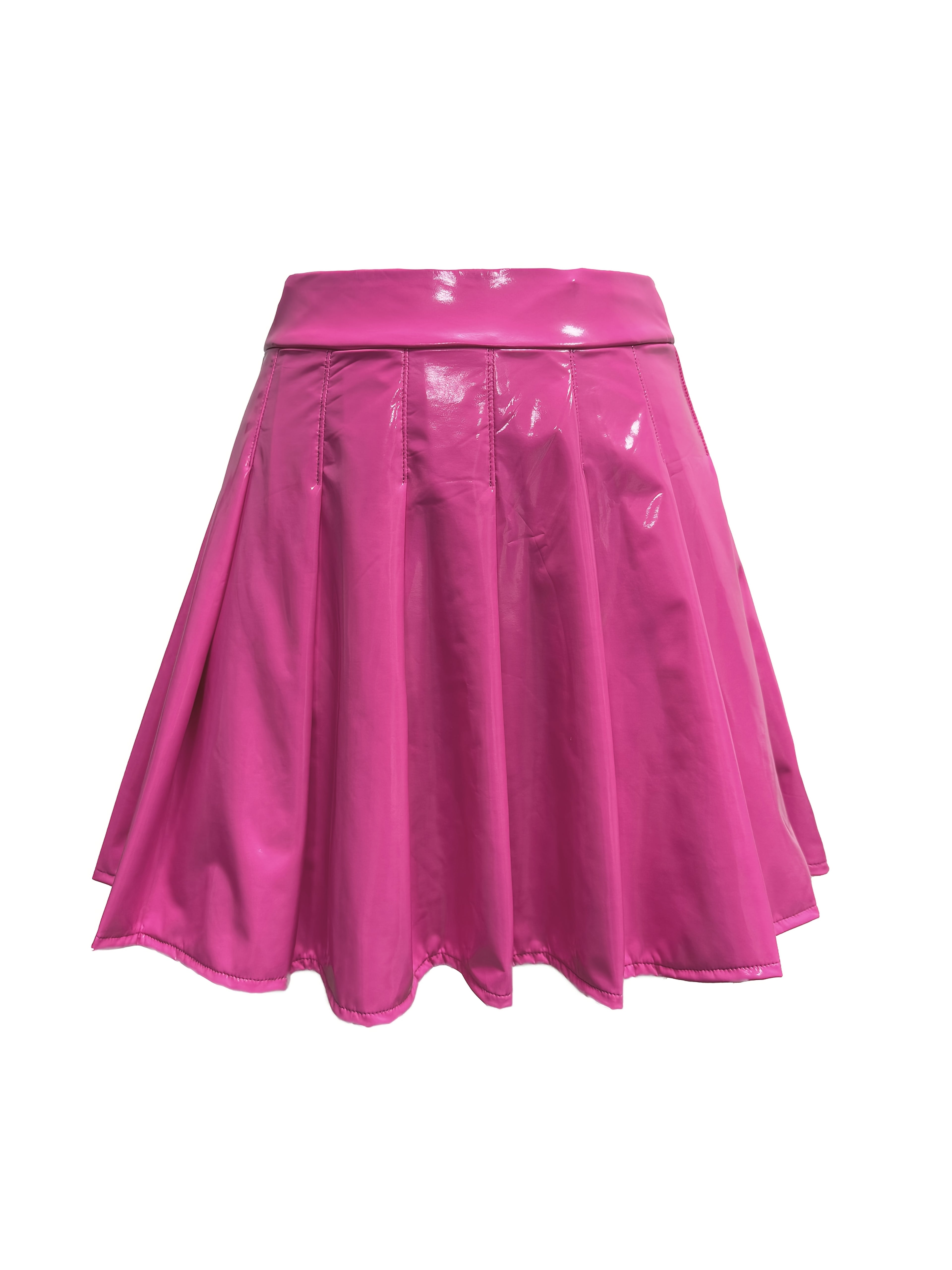 Bright Pink PU Leather Pleated Mini Skirt - High-Waisted, Glossy Finish, Sexy & Elegant Design for Women, Perfect for Spring/Summer/Fall, Cute Skirts