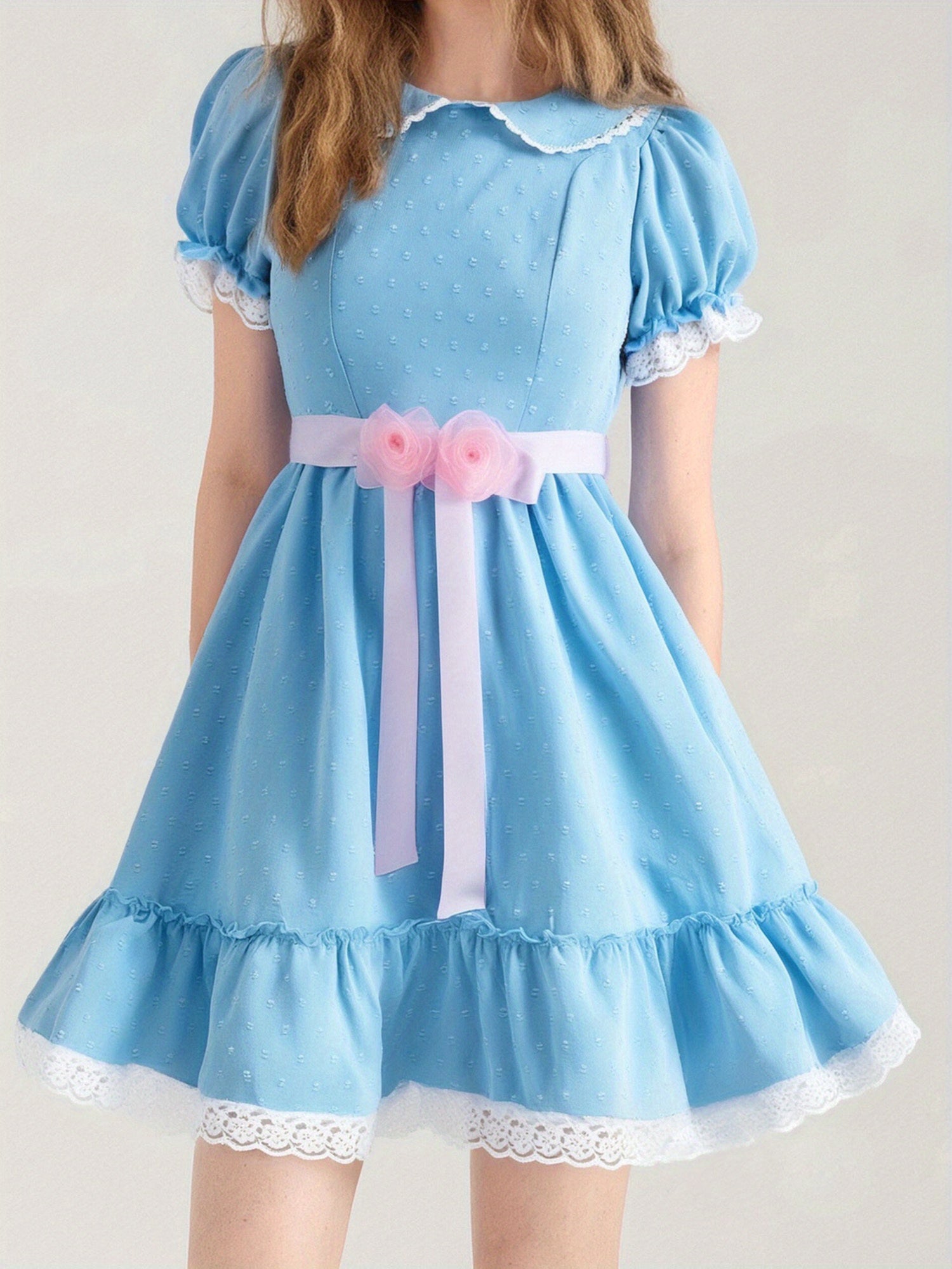 Women's Elegant A-Line Dress with Doll Collar & Puff Sleeves - Short Smock Mini Length (No Padding), Layered Pleated Waist  - Lace Stitching Party Wedding Guest Dress - Hand Washable Costume for all-Season wear for females