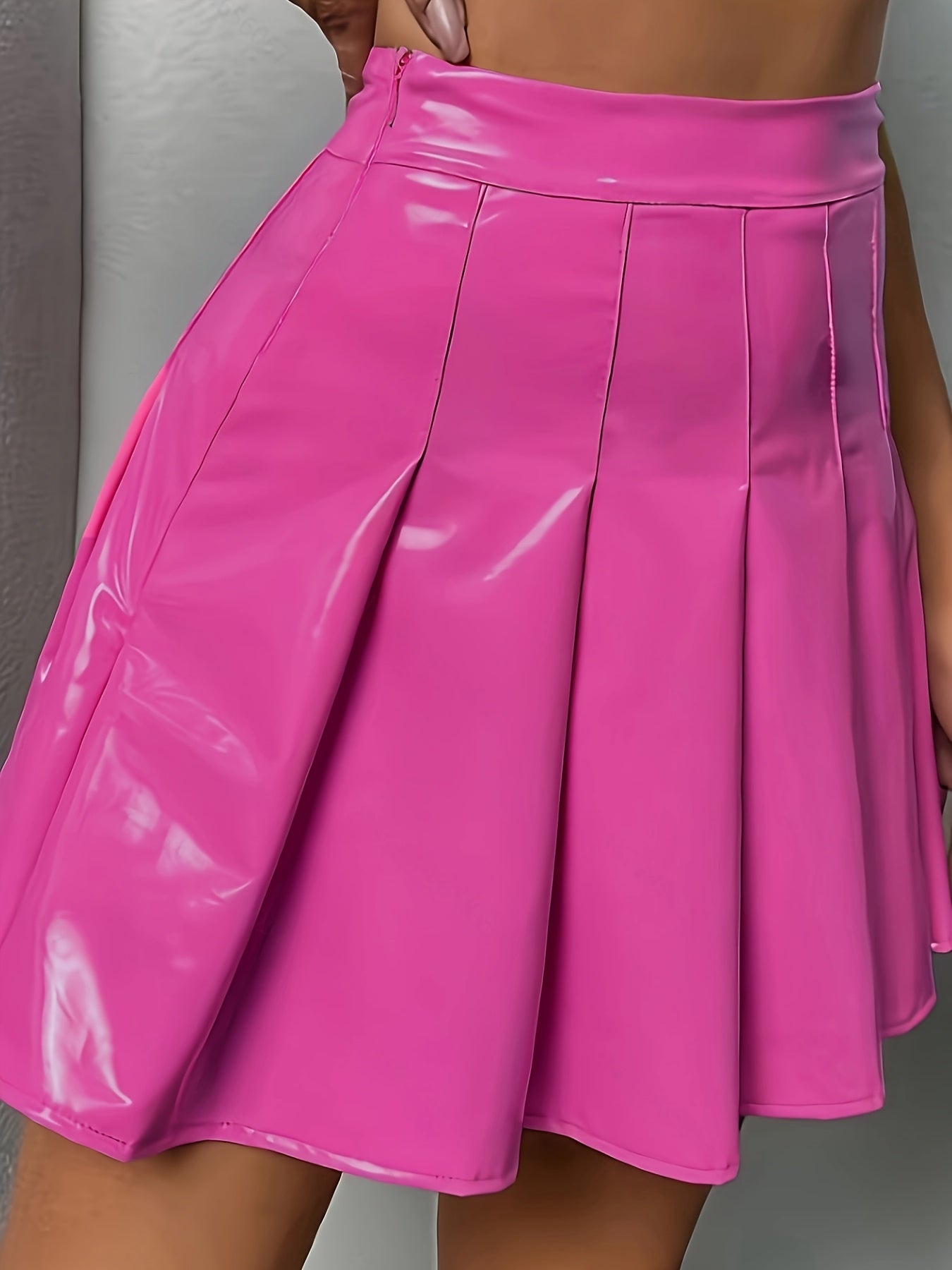 Bright Pink PU Leather Pleated Mini Skirt - High-Waisted, Glossy Finish, Sexy & Elegant Design for Women, Perfect for Spring/Summer/Fall, Cute Skirts