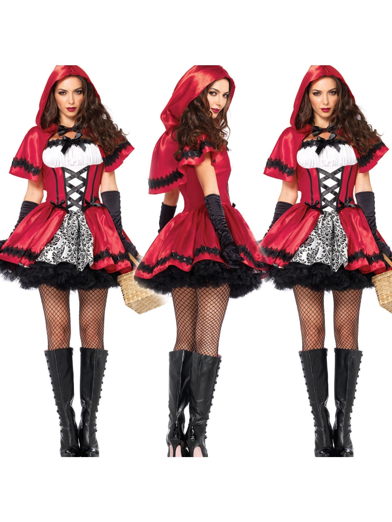 Women'S Gothic Victorian Victorian Costume - Red & Black Lace Dress with Puffed Sleeves, Ruffled Collar & Contrast Lace Trim - Vintage Halloween, Christmas