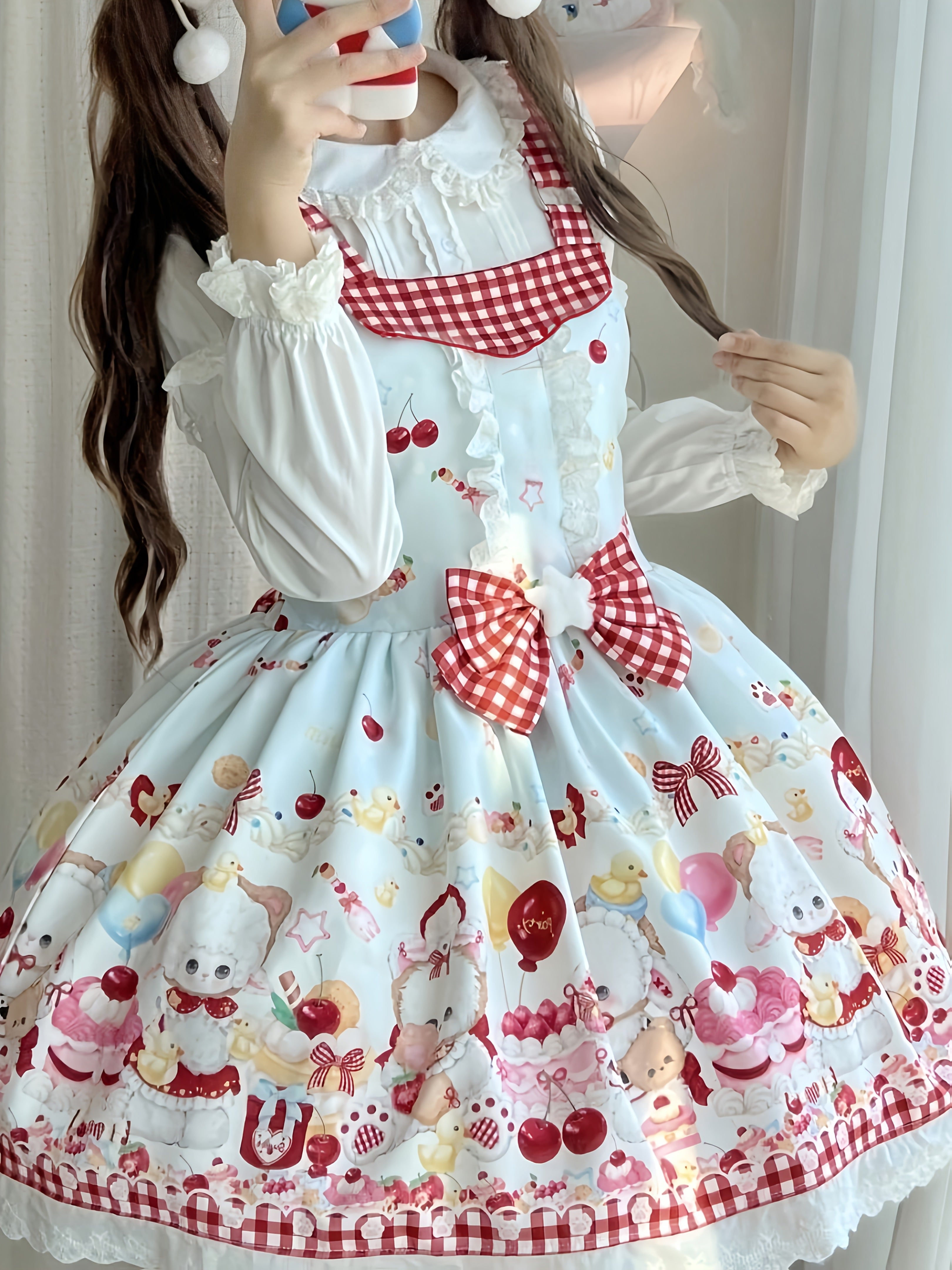 1pc Lolita Style Cute Cute Overalls Dress | Square Neck, Animal Pattern, Bow Detail, Suitable for Festival Parties and Valentine'S Day Gifts