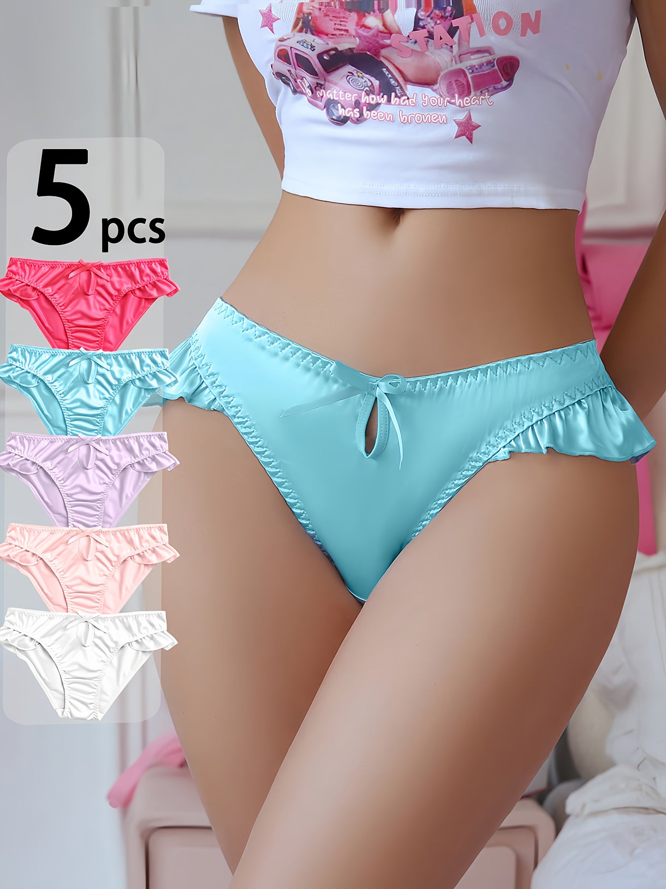 5pcs Women's Glossy Lingerie, Cute Lace Trim & Bow underwear, Luxurious Comfort, Women Sexy Panties for Daily Wear, Comfortable Panties, Luxurious Underwear, Feminine Lingerie, Elegant Bow Design, Highquality Lace, Soft Fabric, Bow Detail