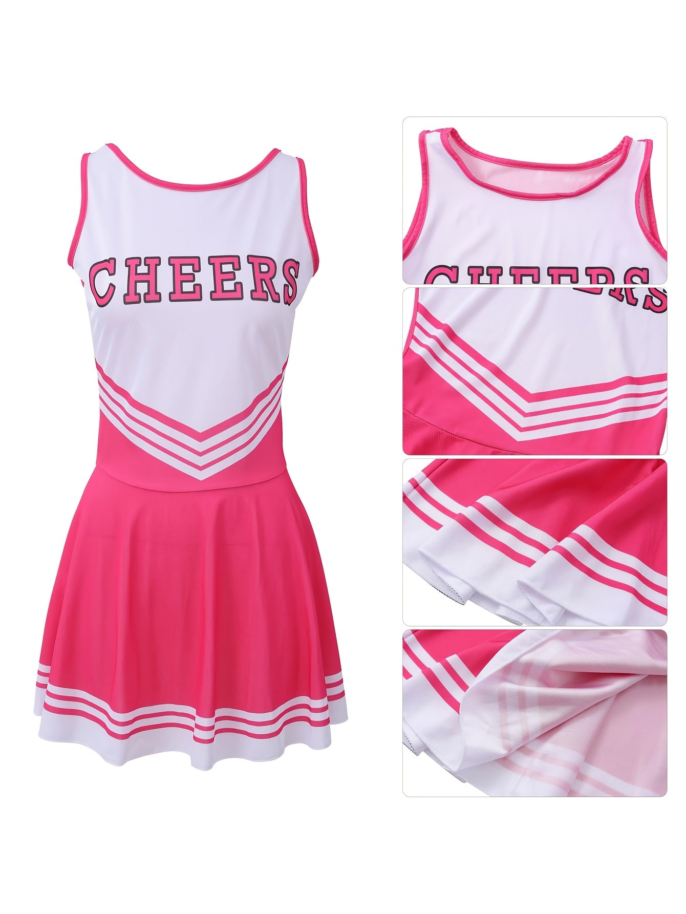 [Cheerleading Dress Set] 6pcs Women's Pink Cheerleading Dress Set with Bow Scrunchie, Cheer Pompoms and Socks | Ideal for Musical Party, Halloween Party, Sports and Outdoor Performances