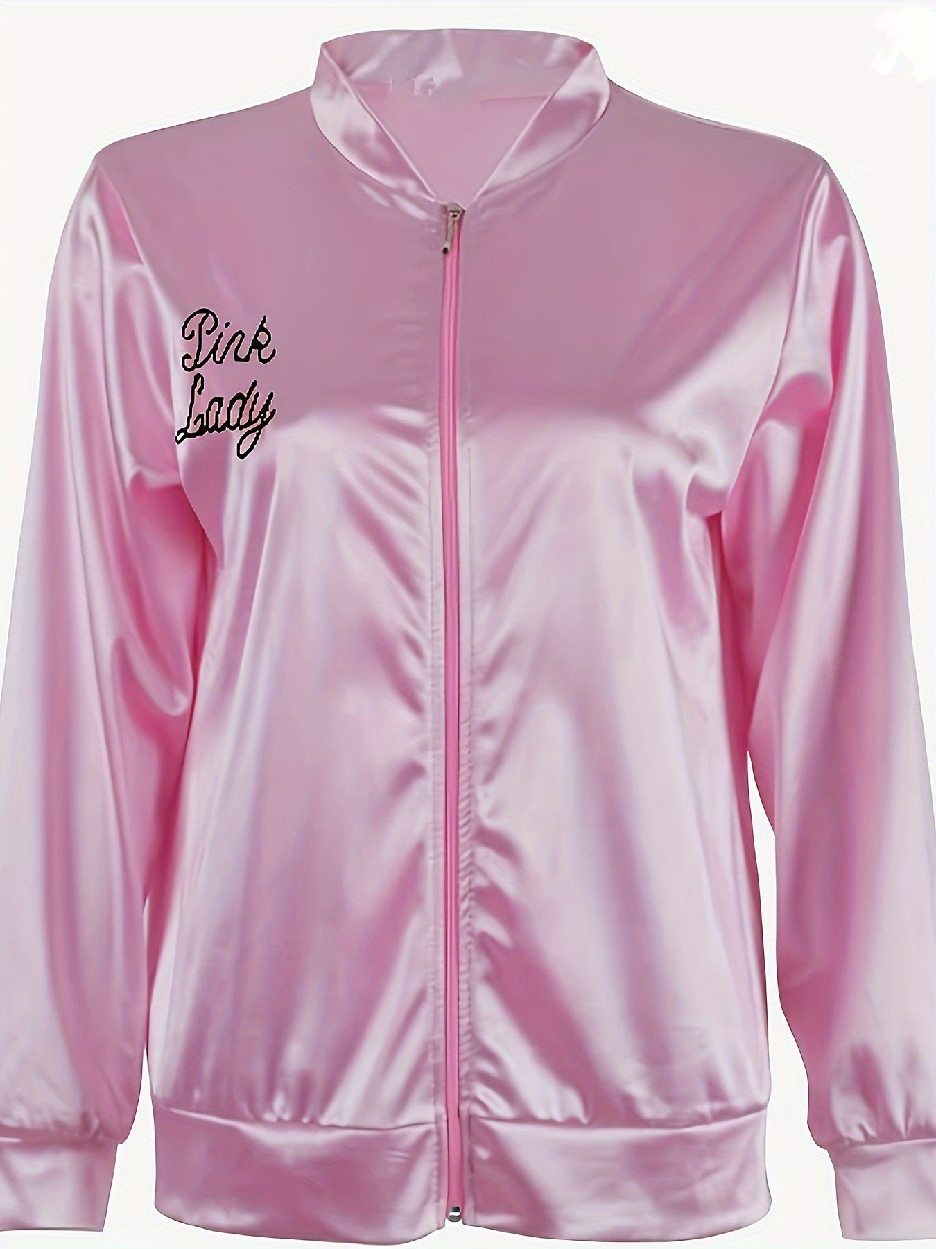 1pc Women's Casual Bomber Jacket - Satin, Spandex/Polyester, Baseball Collar, Semi-Transparent, Letter Pattern, Zip Detail, Mid-Stretch, Machine Washable, for Spring/Autumn Fashion