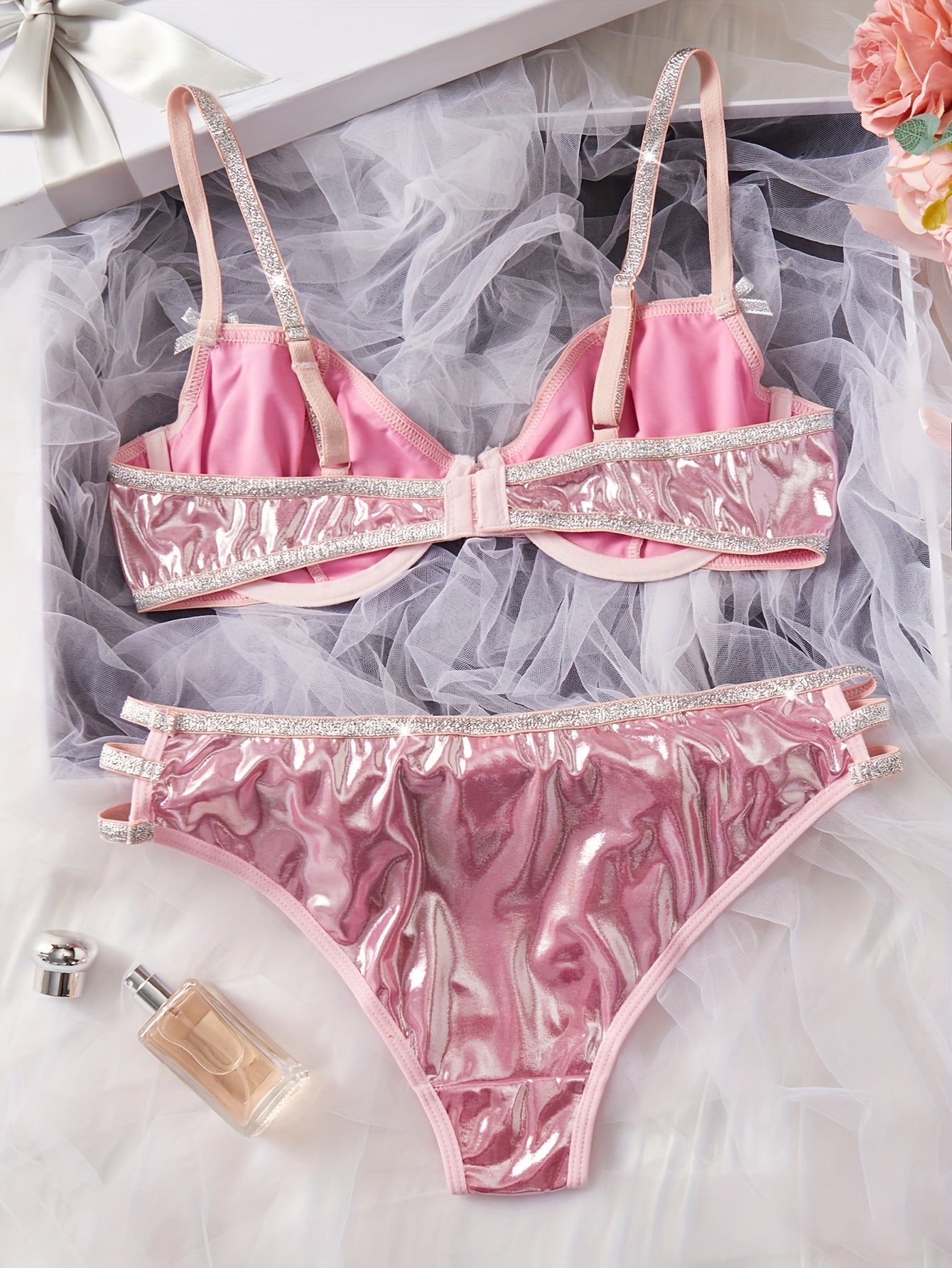 [Glamorous, Lingerie Set] Glamorous and Elegant Pink Sequin Lingerie Set | Sexy Bra and Panties with Rhinestone Detail for Women - Perfect for Adult