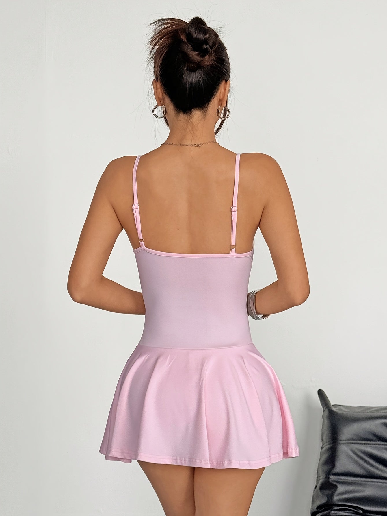 Women's Elegant Solid Color Ruffled Hem Mini Dress - Semi-Sheer Stretchy Spaghetti Suspender Dress for Spring Summer Fall, Machine Washable & Dry Cleanable, Casual Chic Attire, Elegant Design, Quality Craftsmanship