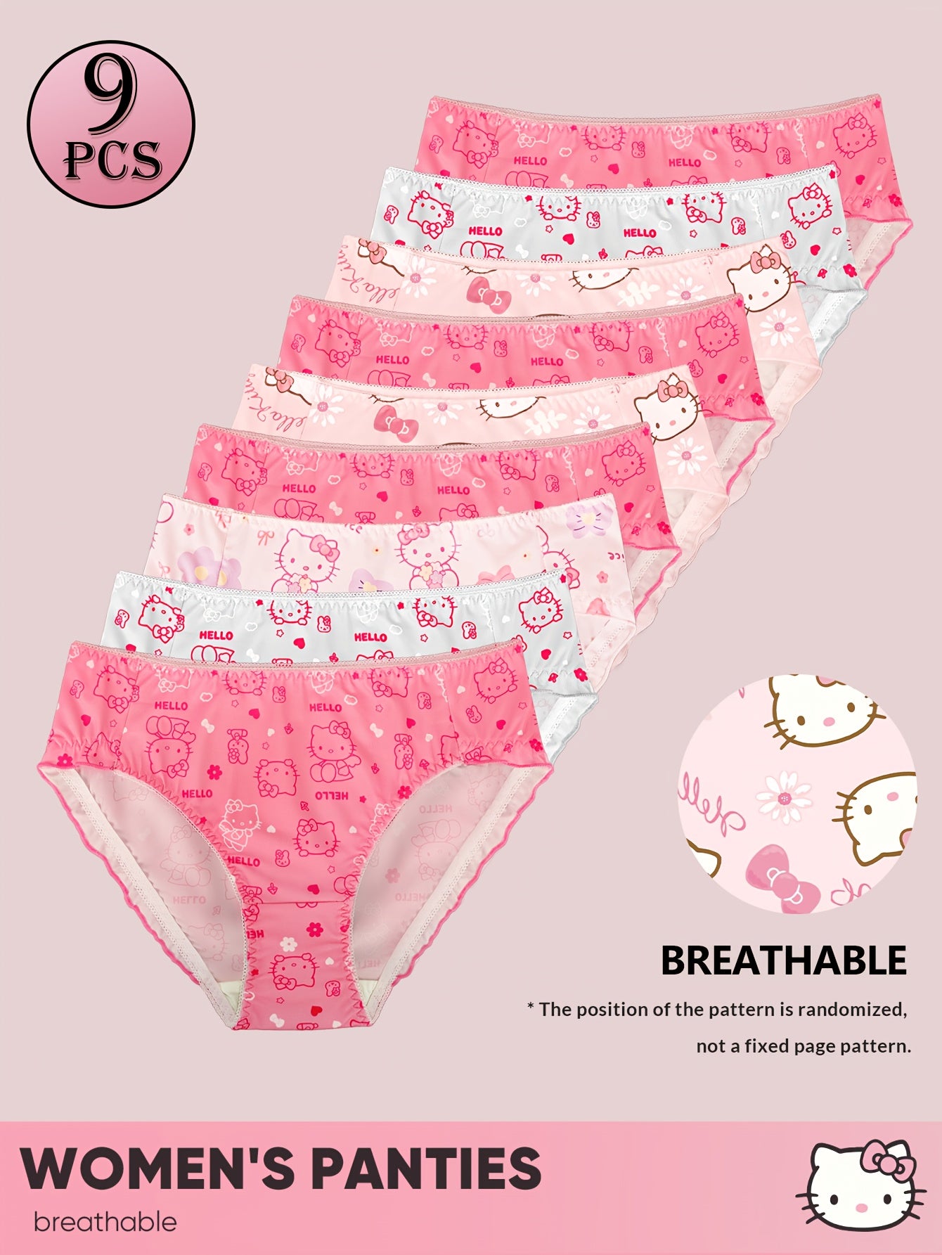 9-Pack Cute for hello kitty Sanrio Cartoon Women'S Underwear, Fabric, Adorable Japanese Style Fashion Breathable, Cute Underwear for Women