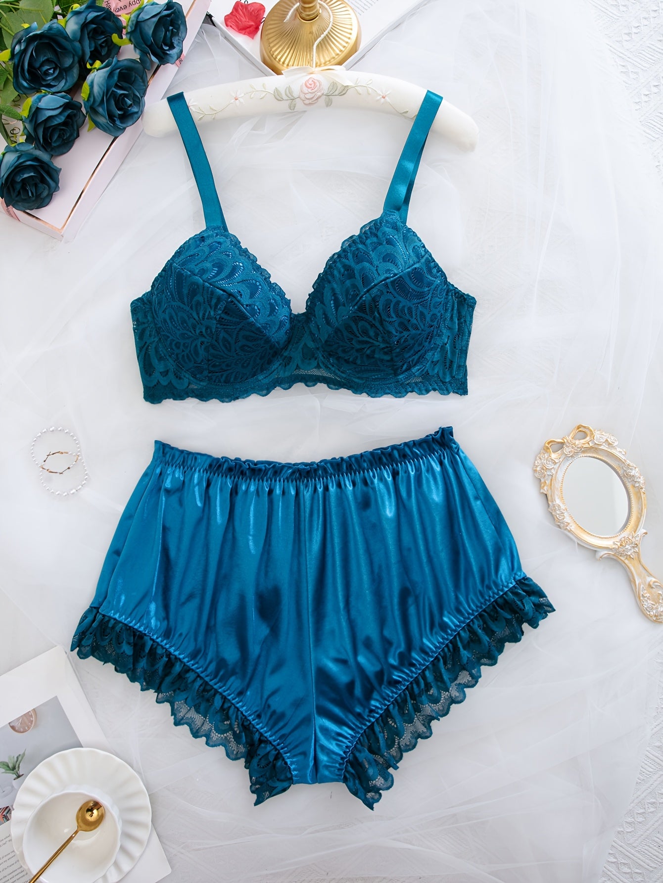 Plus Size Contrast Lace Bra and Panty Set - Blue Green Floral Pattern, Backless Design, Medium Stretch Fabric, Adult Steel Ring Lingerie, Adult Underwear Set | Floral Contrast Lace Design | Elastic Fabric