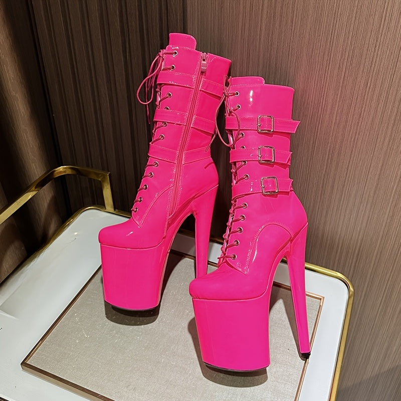 European and American Fashion 20cm Ultra High Heel Boots Pole Dance Nightclub Stage Stiletto Space Thigh-High Boots, Suitable for Parties, Dancing, Model Shows & Formals - All Season Trendy Rider Boots, Exquisite Black Cover + Buckle Design Large Size Sh