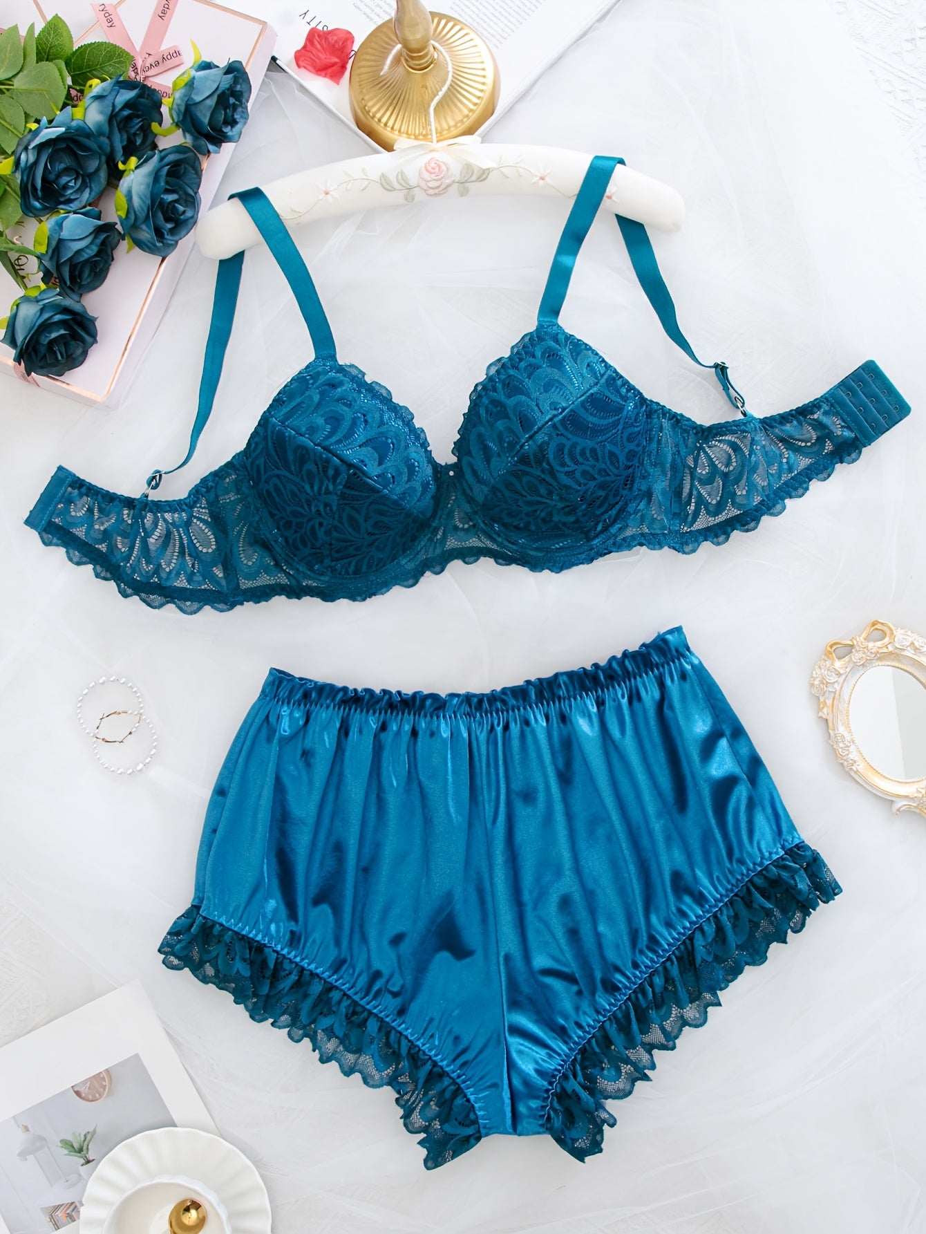 Plus Size Contrast Lace Bra and Panty Set - Blue Green Floral Pattern, Backless Design, Medium Stretch Fabric, Adult Steel Ring Lingerie, Adult Underwear Set | Floral Contrast Lace Design | Elastic Fabric