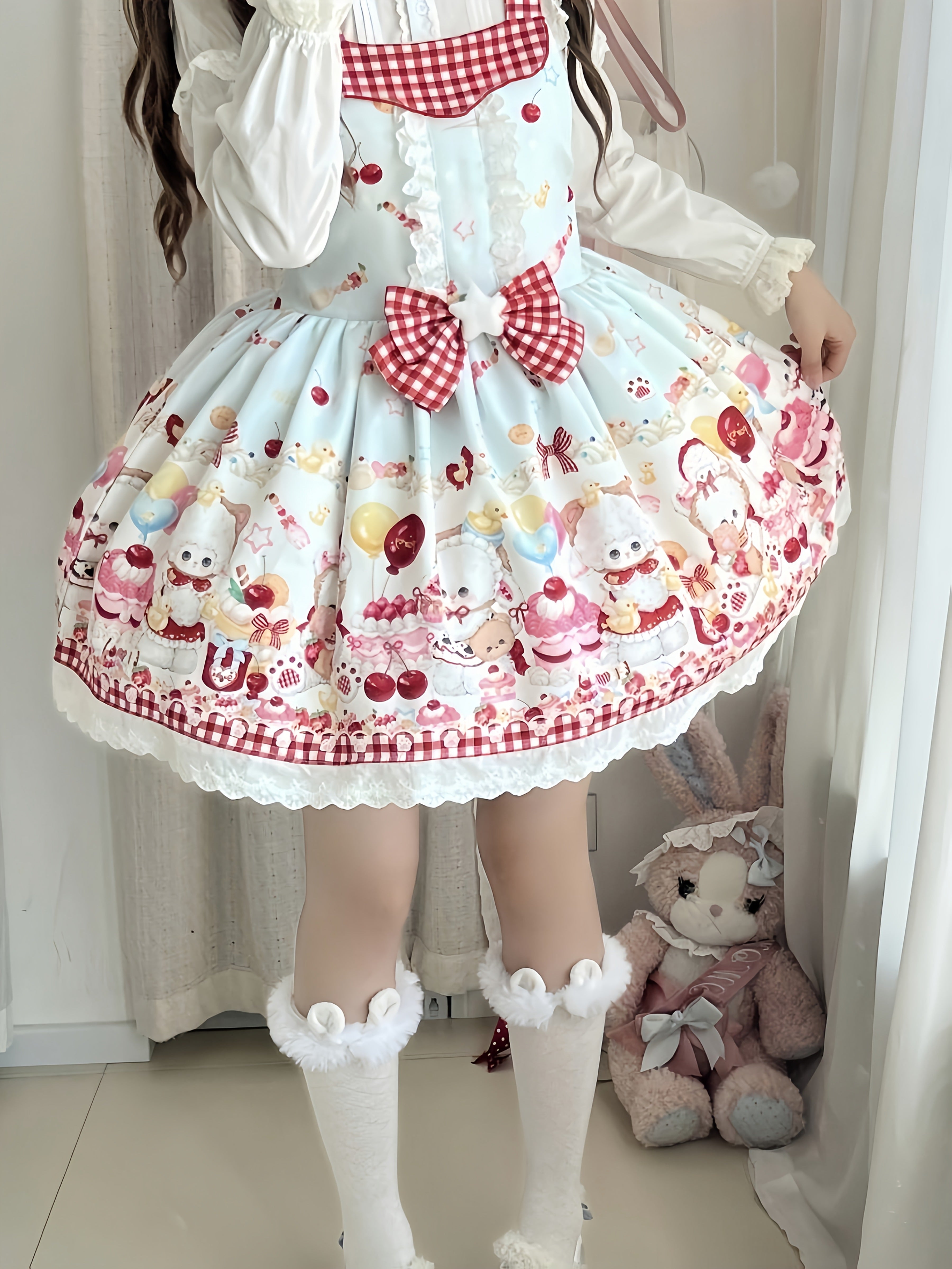 1pc Lolita Style Cute Cute Overalls Dress | Square Neck, Animal Pattern, Bow Detail, Suitable for Festival Parties and Valentine'S Day Gifts