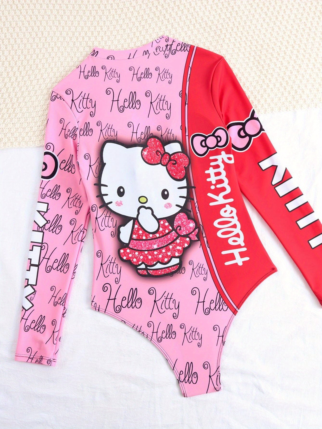 1pc Sanrio Hello Kitty Women's One-Piece Swimsuit - Bohemian Style Pink & Red Color Block with Cute Cartoon Graphics, Medium Stretch Fabric, Hand Wash Only for Beach Vacation & Summer Outings, Playful Swimwear | Comfortable Swimwear