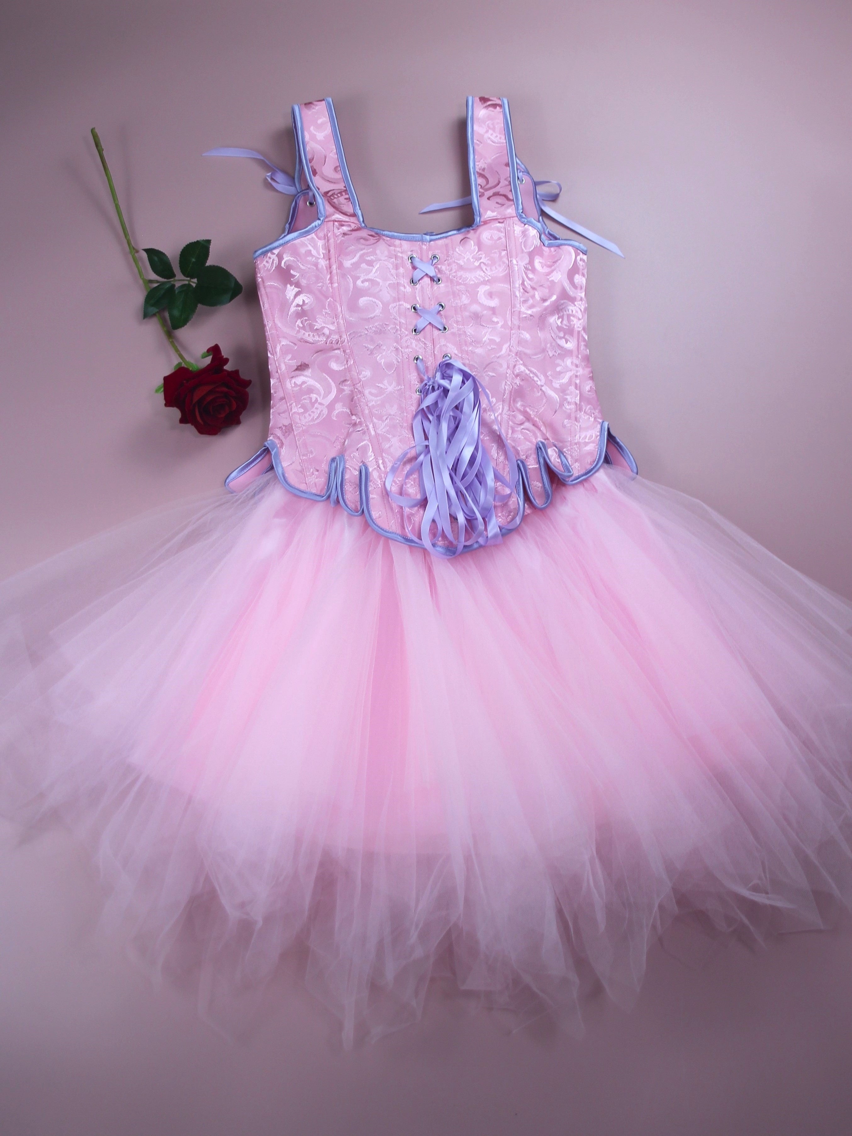 [Pink Corset Tutu Dress] Pink Jacquard Tight-Fit CORSET + TUTU Yarn Dress | Halloween Outfit Set