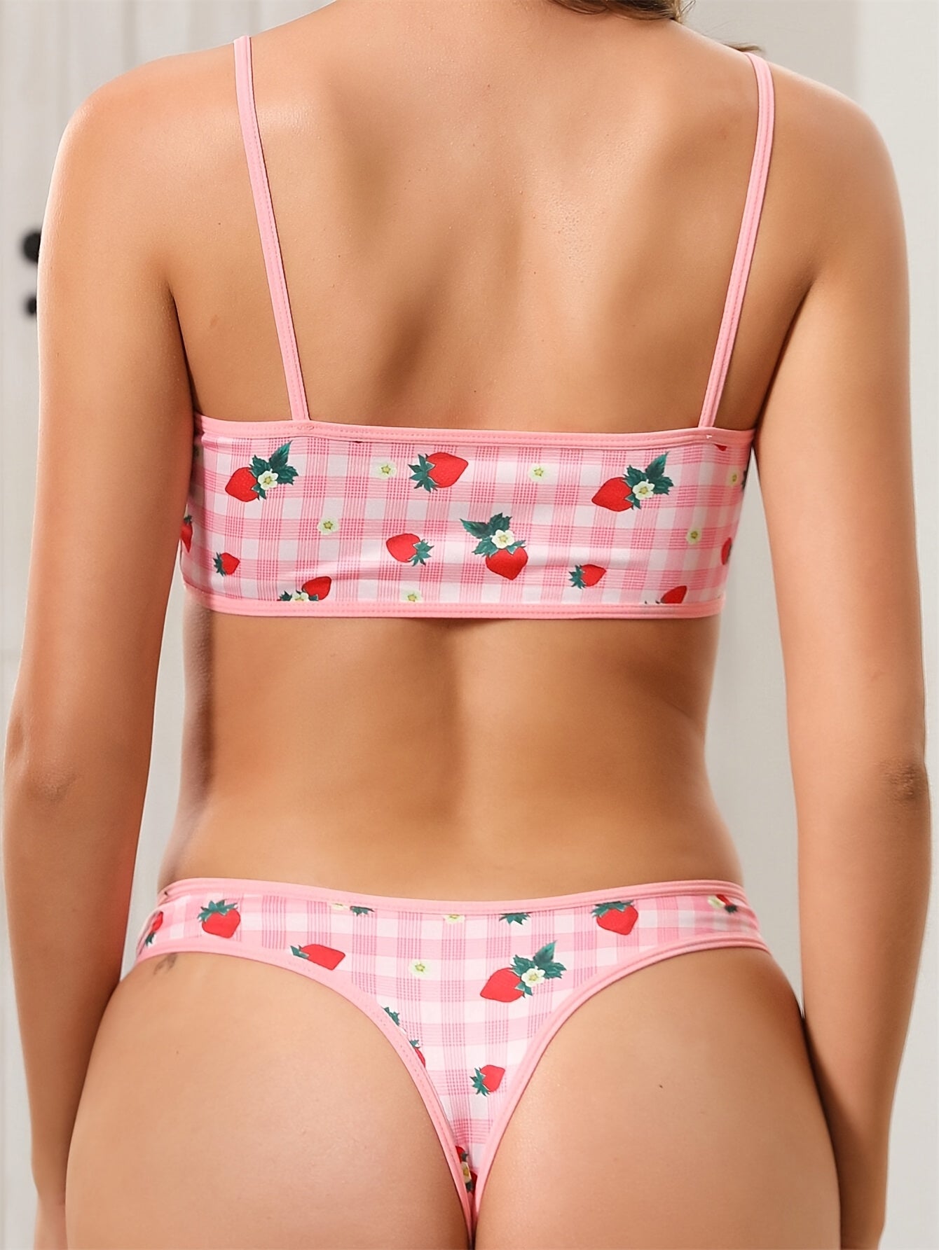 2pcs Women'S Lingerie Set - Strawberry & Gingham Print Cami Top & Thong, Soft Comfortable Underwear with Contrast Binding, Medium Support, No Padding, Casual Style, Adult Intimate Apparel|Playful Print Top|Comfortable Fit, Lingerie Sets