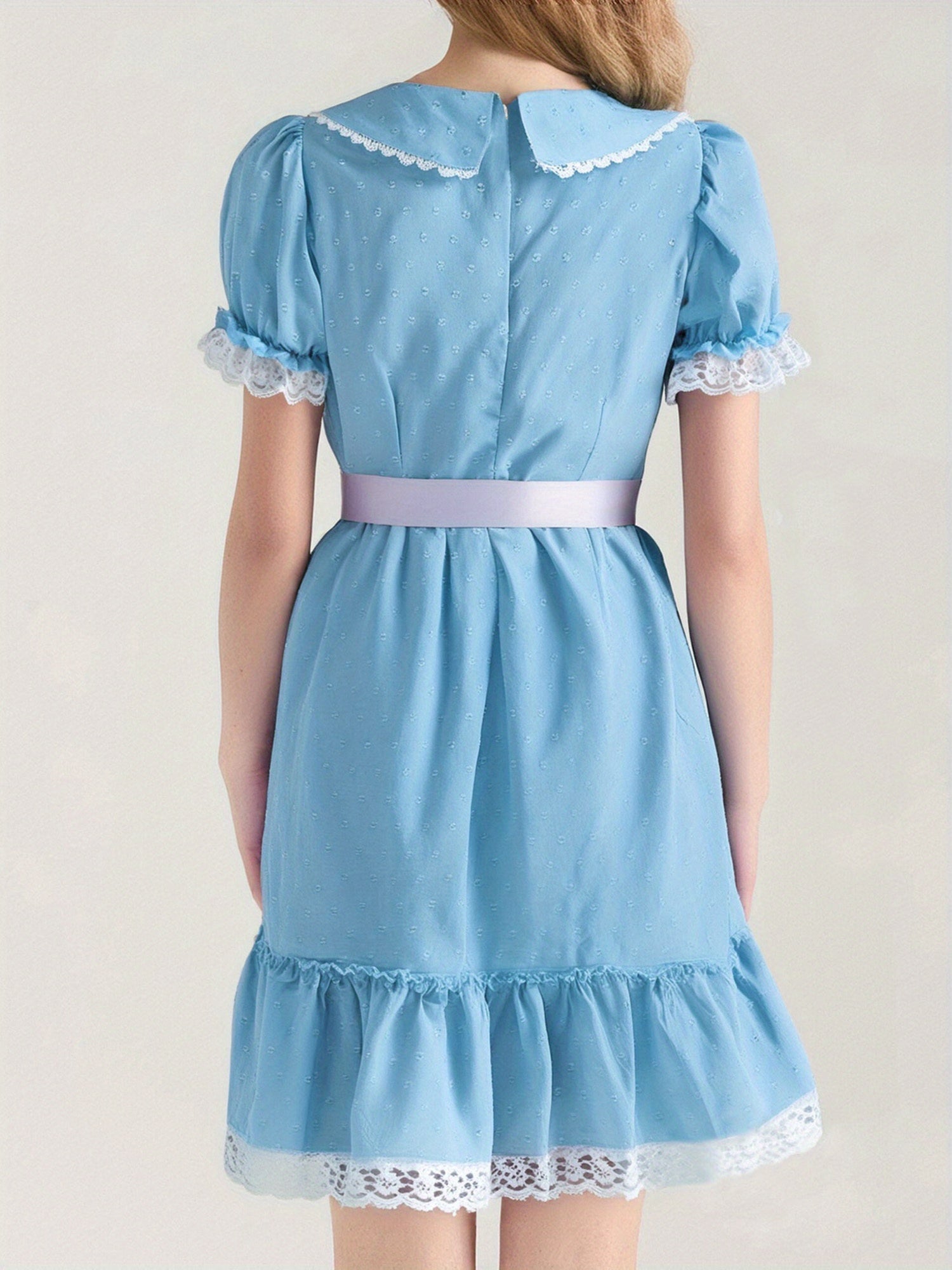 Women's Elegant A-Line Dress with Doll Collar & Puff Sleeves - Short Smock Mini Length (No Padding), Layered Pleated Waist  - Lace Stitching Party Wedding Guest Dress - Hand Washable Costume for all-Season wear for females