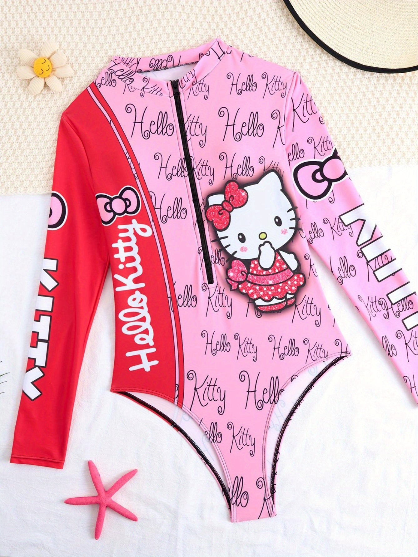1pc Sanrio Hello Kitty Women's One-Piece Swimsuit - Bohemian Style Pink & Red Color Block with Cute Cartoon Graphics, Medium Stretch Fabric, Hand Wash Only for Beach Vacation & Summer Outings, Playful Swimwear | Comfortable Swimwear