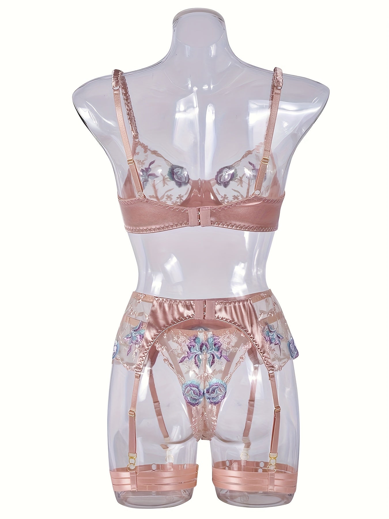 [Elegant Lingerie Set] 4pcs Women's Elegant Floral Lace & Semi-Sheer Rose Golden Accent Lingerie Set - Adjustable Strapless Bra, High-Waisted Panties, Garter Belt & Thong - Soft Stretch Comfort, Hand Washable Luxury Underwear Collection