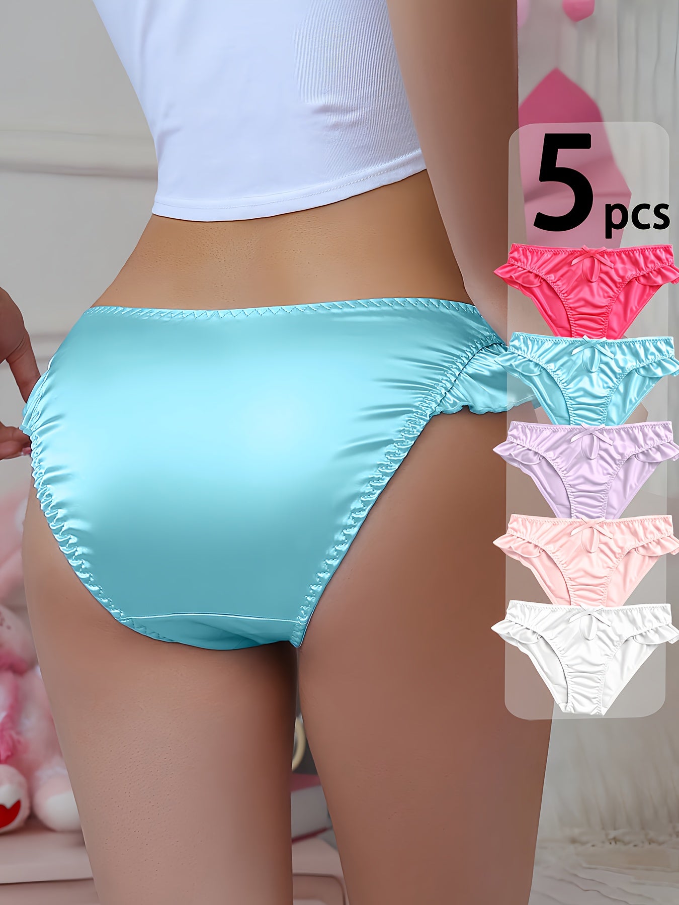 5pcs Women's Glossy Lingerie, Cute Lace Trim & Bow underwear, Luxurious Comfort, Women Sexy Panties for Daily Wear, Comfortable Panties, Luxurious Underwear, Feminine Lingerie, Elegant Bow Design, Highquality Lace, Soft Fabric, Bow Detail